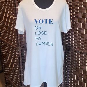 Favorite Daughter White Short Sleeve V-Neck T-Shirt with Blue Text